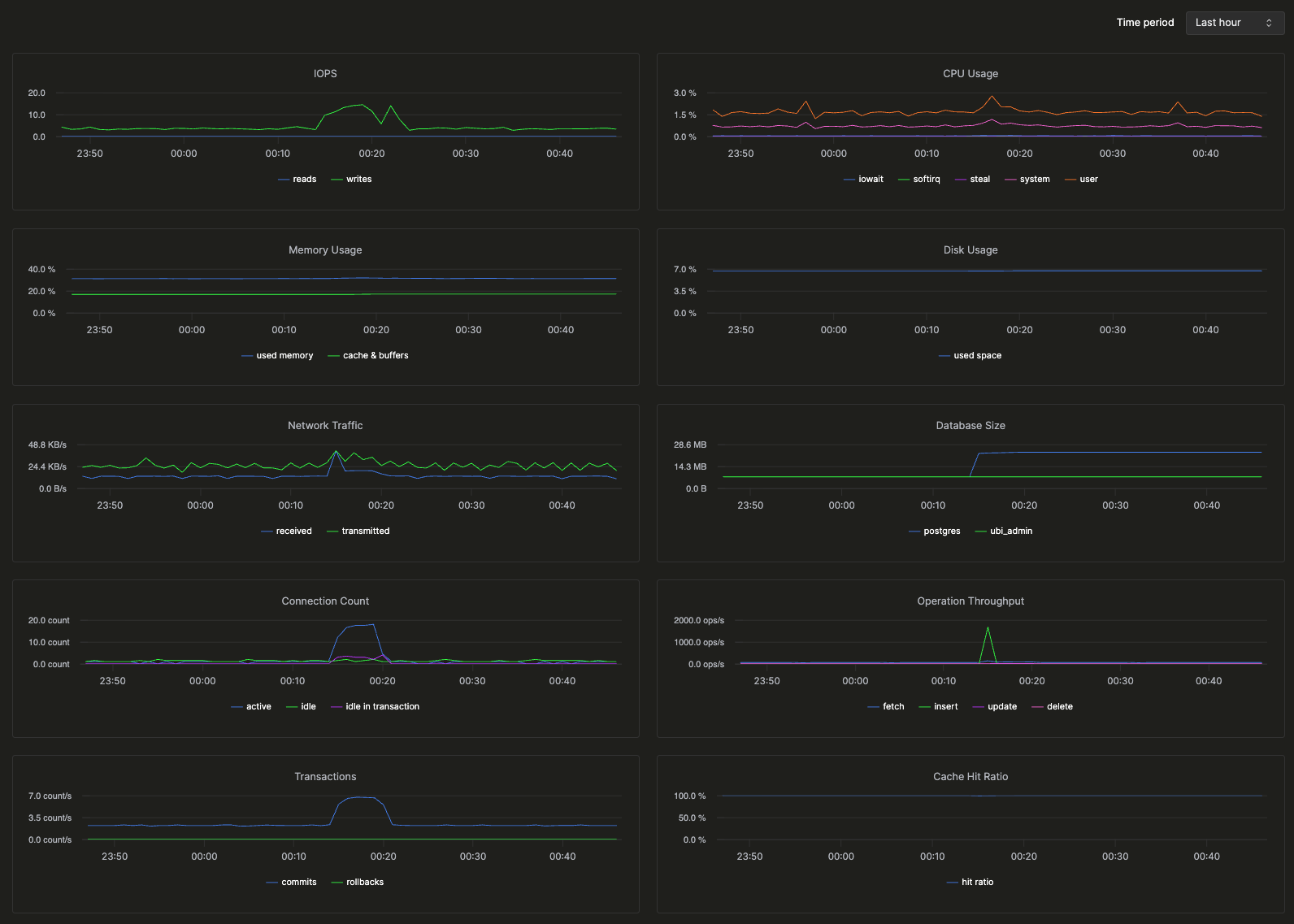 Дашборд мониторинга с показателями IOPS, загрузки CPU, памяти, диска, сетевого трафика, размера базы данных, подключений, пропускной способности, транзакций, коэффициента попаданий в кэш и взаимоблокировок